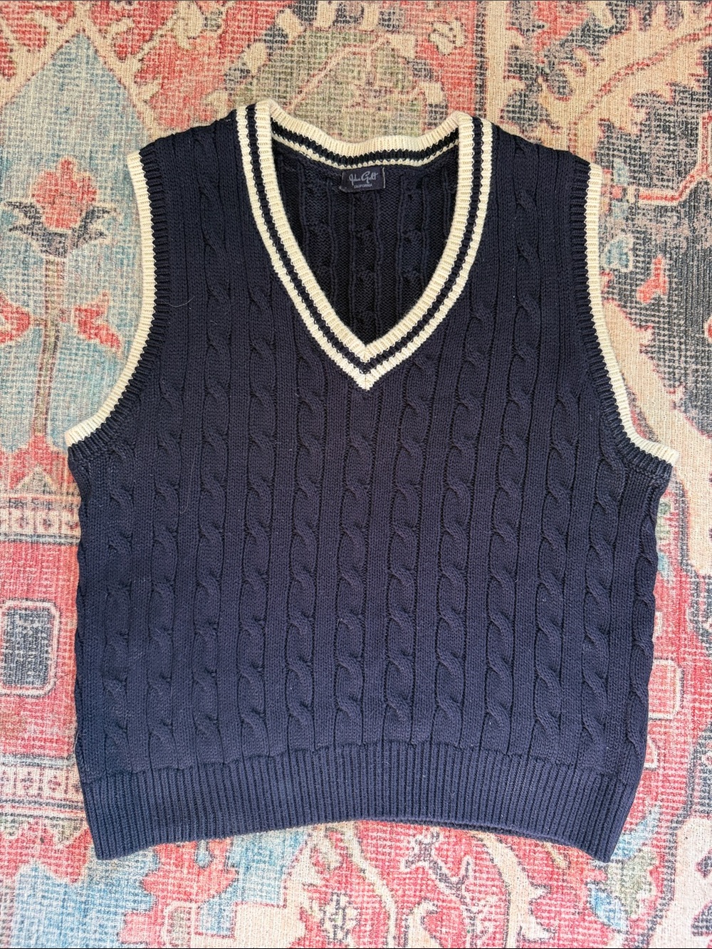 Brandy Melville/John Galt Navy Cable-Knit V-Neck Sweater Vest with Cream Trim